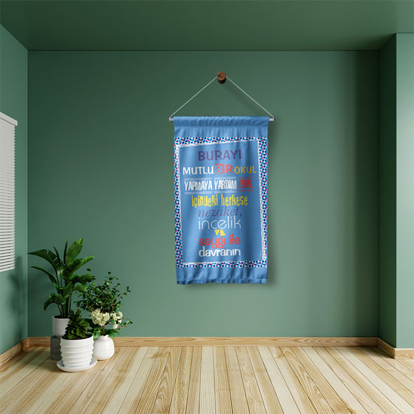 Mutlu Bir Okul Yapmaya Yardım Edin Duvar Flaması - Nezaket ve Saygı Temalı (Mavi Tonlar) 8067