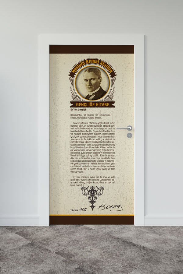 okul-sinif-kapi-baskilari-9149-00 Atatürk Gençliğe Hitabe Kapı Giydirme Klasik Bej Tasarım 9149