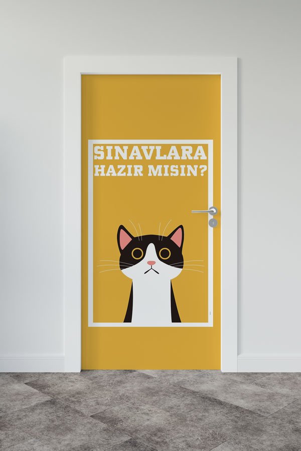 okul-sinif-kapi-baskisi-9192-00 "Sınavlara Hazır Mısın?" Kedi Temalı Kapı Giydirme 9192