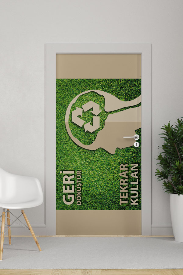 "Geri Dönüştür & Tekrar Kullan" Temalı Geri Dönüşüm Sembolü Kapı Giydirme 9054