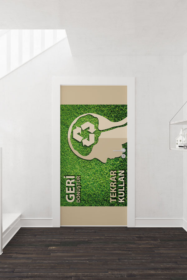 "Geri Dönüştür & Tekrar Kullan" Temalı Geri Dönüşüm Sembolü Kapı Giydirme 9054