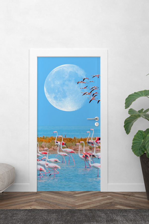 Ay Manzaralı Flamingolar Doğa ve Yaban Hayatı Temalı Kapı Giydirme 9743