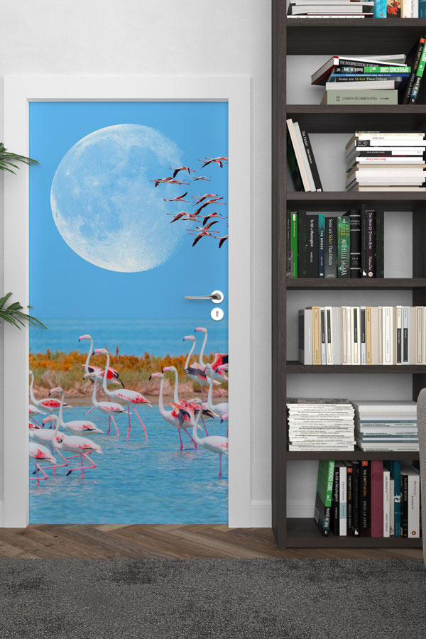 Ay Manzaralı Flamingolar Doğa ve Yaban Hayatı Temalı Kapı Giydirme 9743