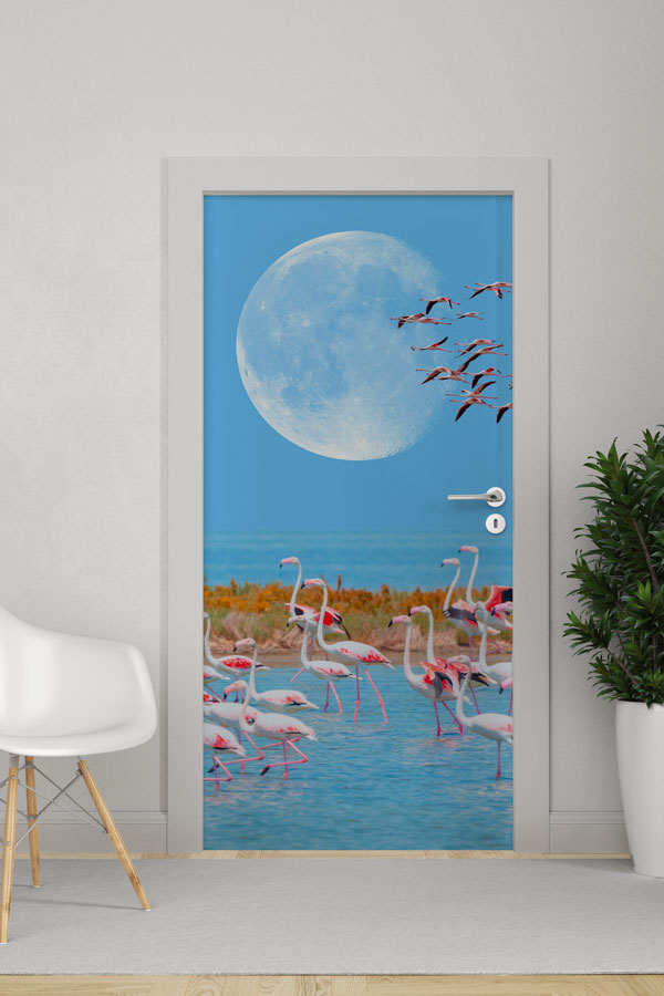 Ay Manzaralı Flamingolar Doğa ve Yaban Hayatı Temalı Kapı Giydirme 9743