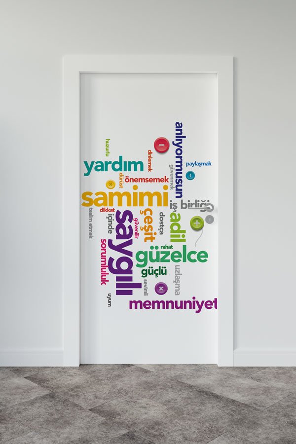 Değerler Eğitimi Kelime Bulutu Kapı Giydirme - Pozitif Mesaj Kapı Dekoru 8971