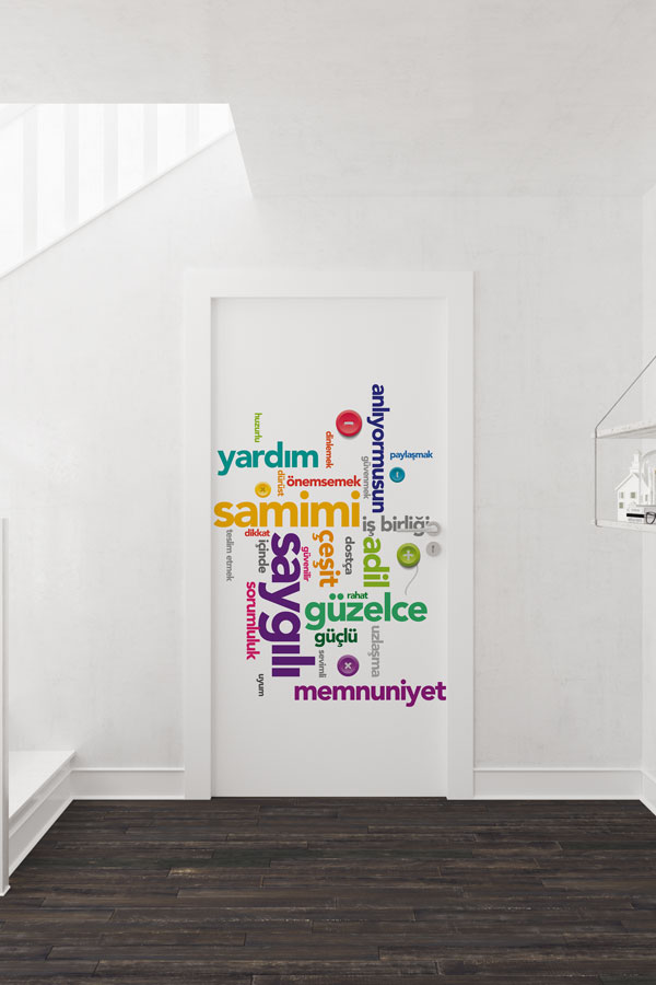 Değerler Eğitimi Kelime Bulutu Kapı Giydirme - Pozitif Mesaj Kapı Dekoru 8971