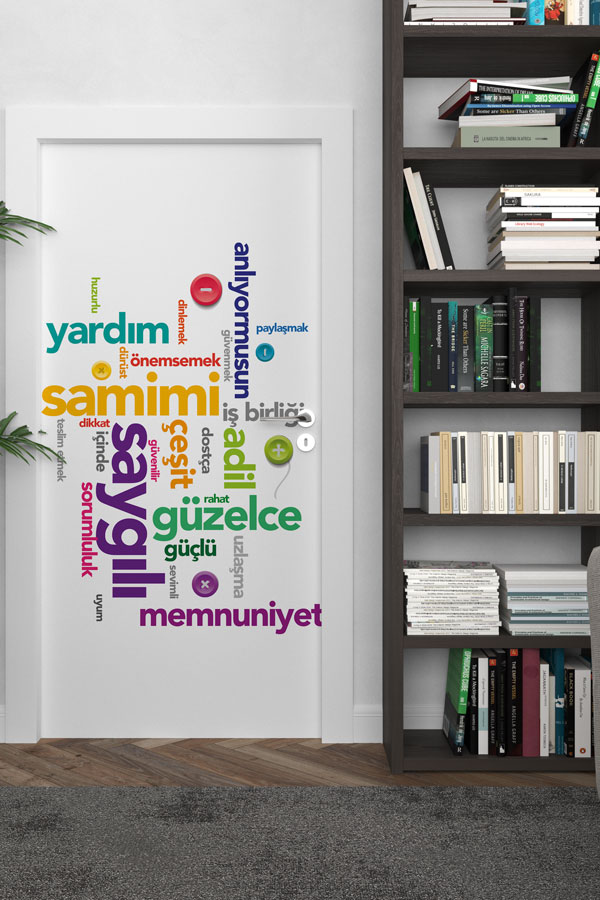 Değerler Eğitimi Kelime Bulutu Kapı Giydirme - Pozitif Mesaj Kapı Dekoru 8971