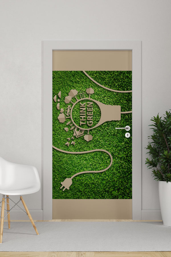 "Think Green" Temalı Enerji Fişi ve Şehir Manzaralı Kapı Giydirme 9060