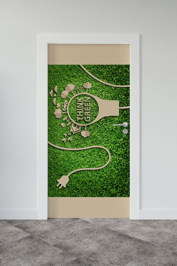 "Think Green" Temalı Enerji Fişi ve Şehir Manzaralı Kapı Giydirme 9060