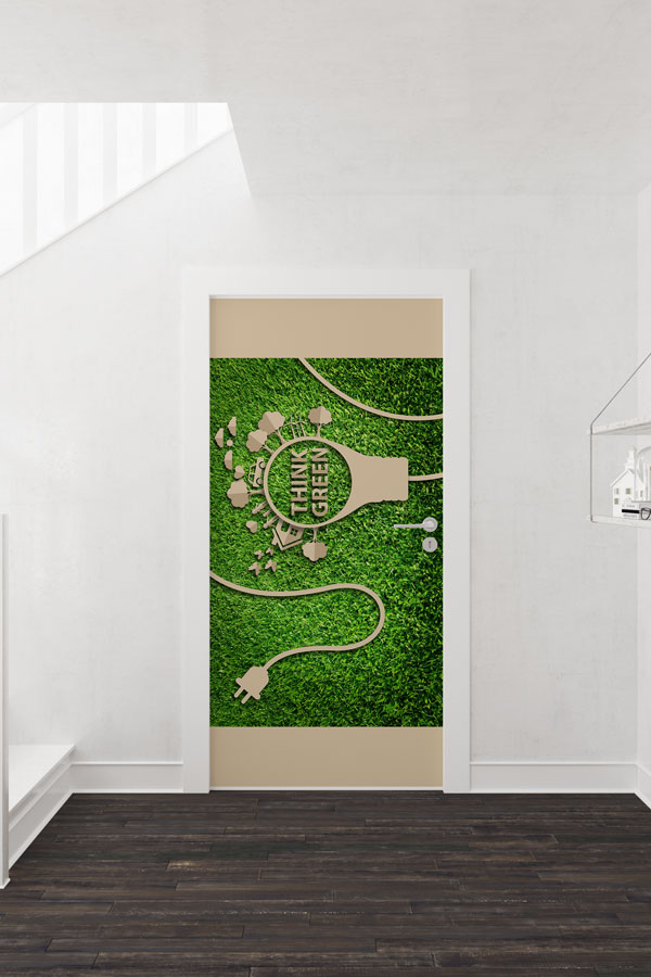 "Think Green" Temalı Enerji Fişi ve Şehir Manzaralı Kapı Giydirme 9060