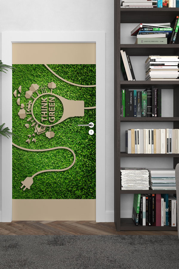"Think Green" Temalı Enerji Fişi ve Şehir Manzaralı Kapı Giydirme 9060