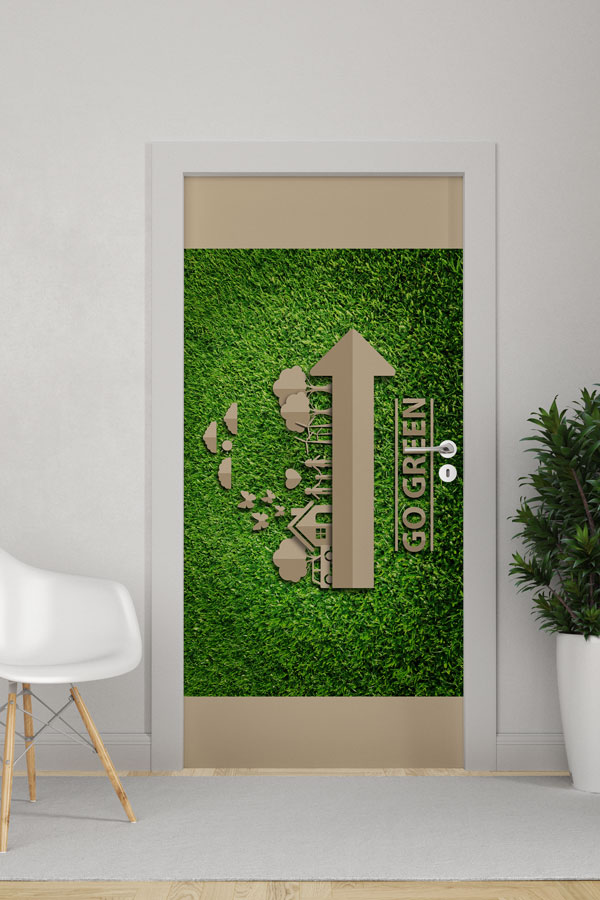 "Go Green" Temalı Yukarı Ok ve Ekolojik Şehir Manzaralı Kapı Giydirme 9061