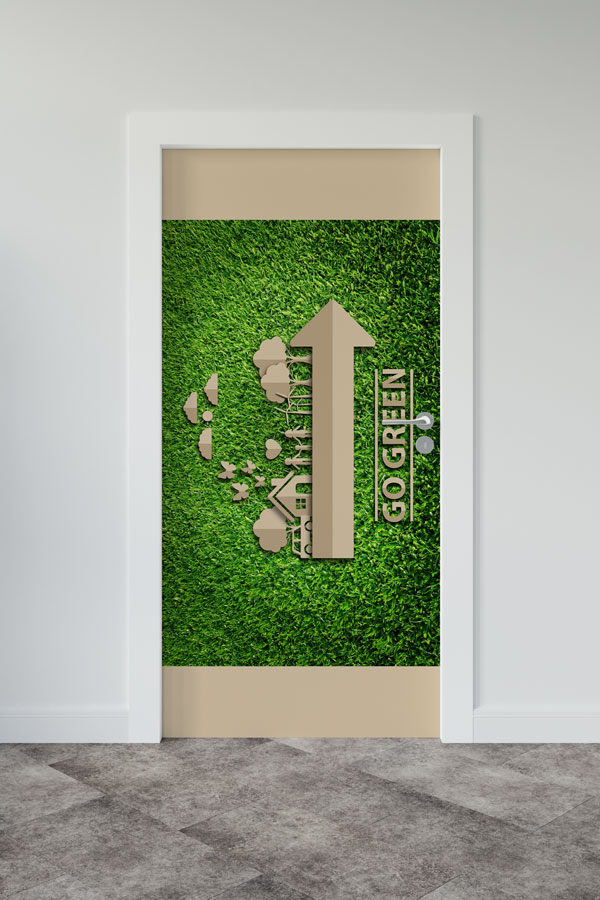 "Go Green" Temalı Yukarı Ok ve Ekolojik Şehir Manzaralı Kapı Giydirme 9061