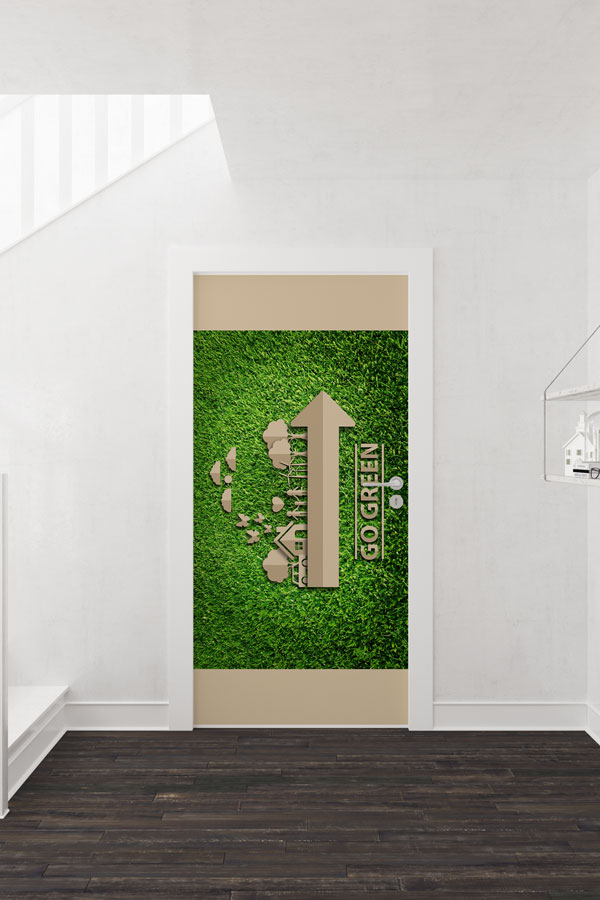 "Go Green" Temalı Yukarı Ok ve Ekolojik Şehir Manzaralı Kapı Giydirme 9061