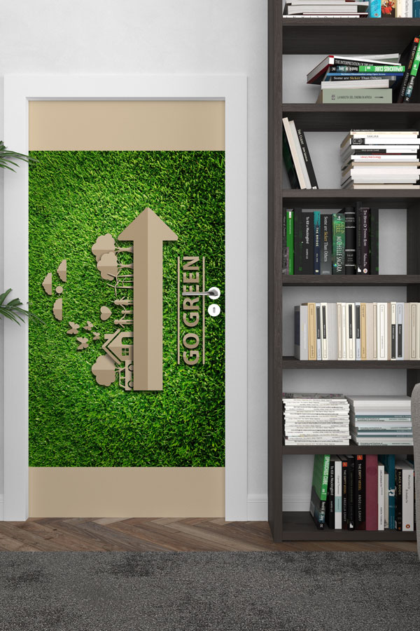 "Go Green" Temalı Yukarı Ok ve Ekolojik Şehir Manzaralı Kapı Giydirme 9061