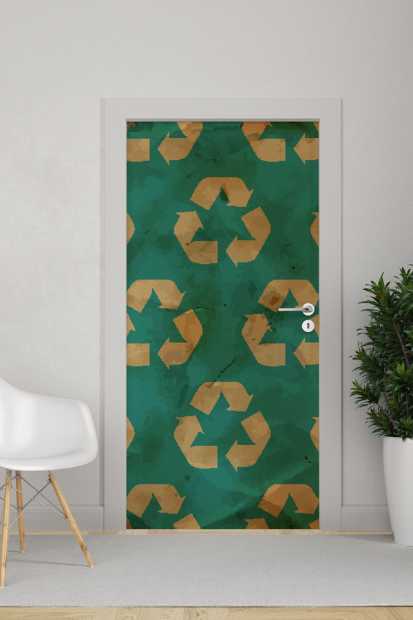 Retro Geri Dönüşüm Sembolleri Desenli Yeşil Kapı Giydirme 9069