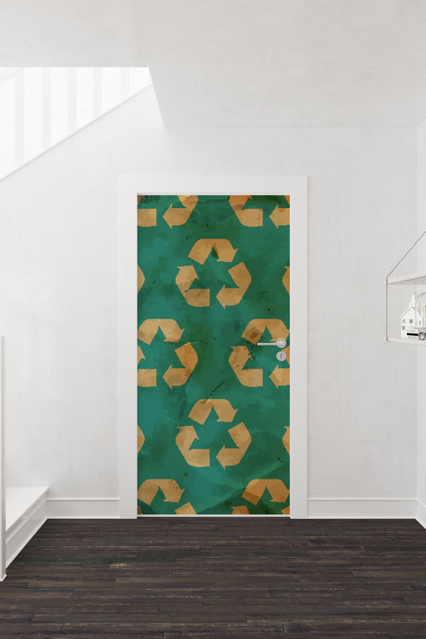 Retro Geri Dönüşüm Sembolleri Desenli Yeşil Kapı Giydirme 9069