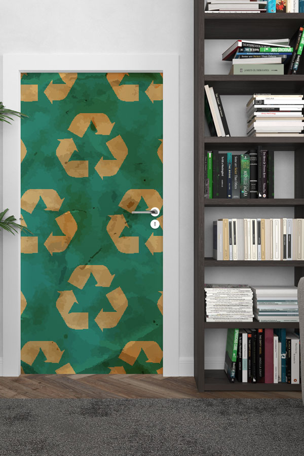 Retro Geri Dönüşüm Sembolleri Desenli Yeşil Kapı Giydirme 9069