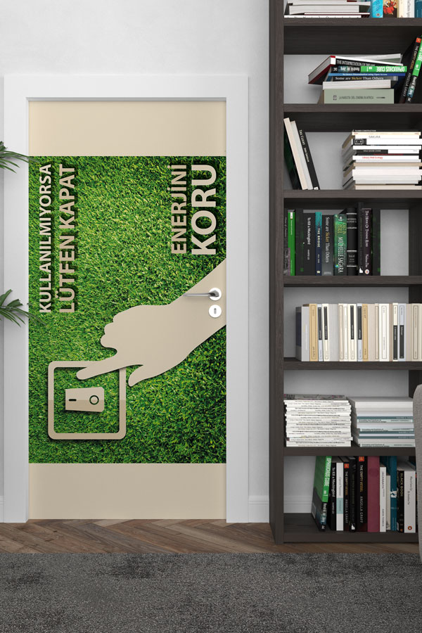 "Enerjini Koru" & "Lütfen Kapat" Sloganlı Elektrik Anahtarı Temalı Kapı Giydirme 9071