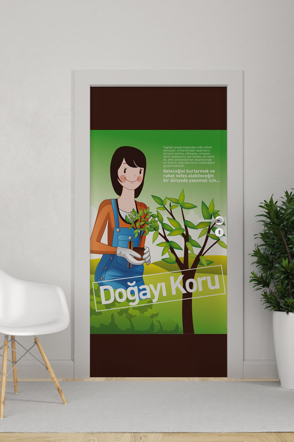 "Doğayı Koru" Sloganlı Genç Kız ve Ağaç Fidanı Temalı Kapı Giydirme 9075