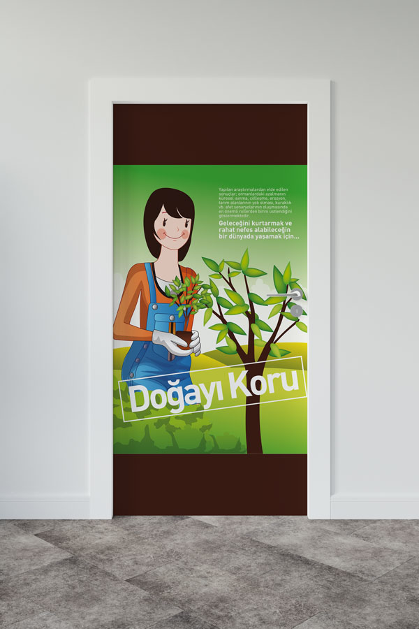 "Doğayı Koru" Sloganlı Genç Kız ve Ağaç Fidanı Temalı Kapı Giydirme 9075