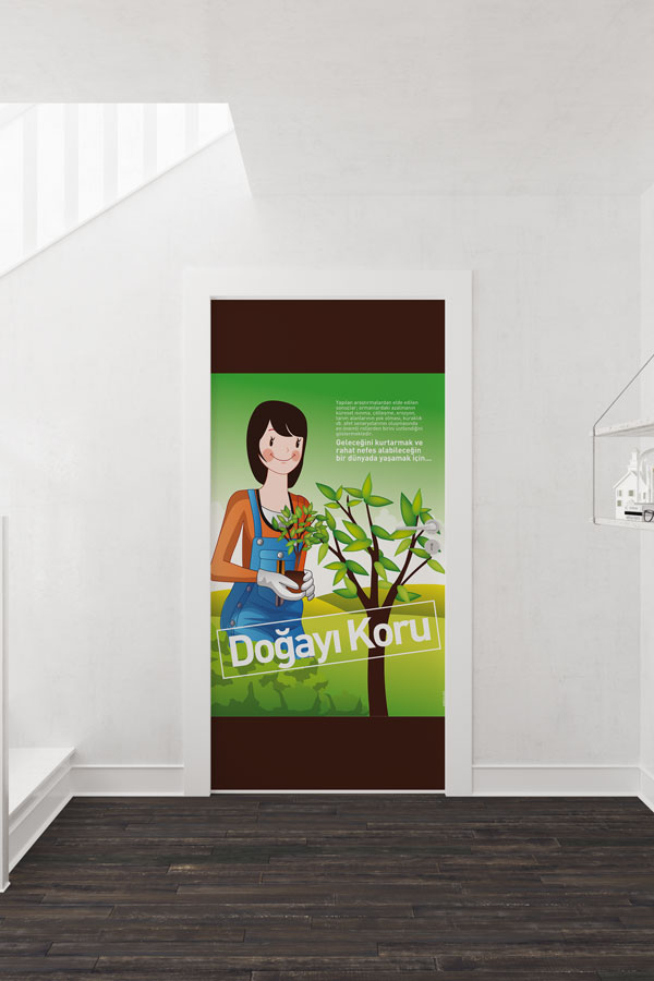 "Doğayı Koru" Sloganlı Genç Kız ve Ağaç Fidanı Temalı Kapı Giydirme 9075