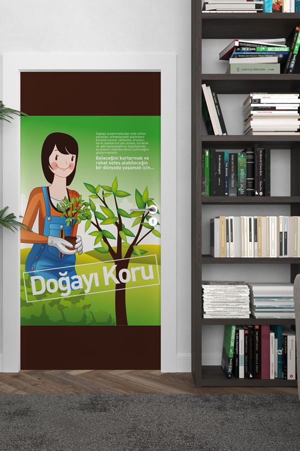 "Doğayı Koru" Sloganlı Genç Kız ve Ağaç Fidanı Temalı Kapı Giydirme 9075