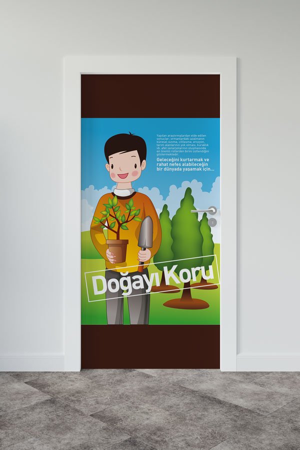 "Doğayı Koru" Temalı Bitki Diken Erkek Çocuk Figürlü Okul Kapı Giydirme 9076