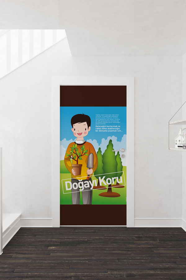 "Doğayı Koru" Temalı Bitki Diken Erkek Çocuk Figürlü Okul Kapı Giydirme 9076