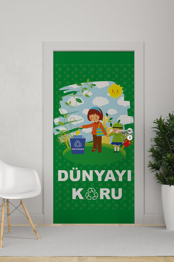 "Dünyayı Koru" & Geri Dönüşüm Temalı Çocuk Figürlü Okul Kapı Giydirme 9078