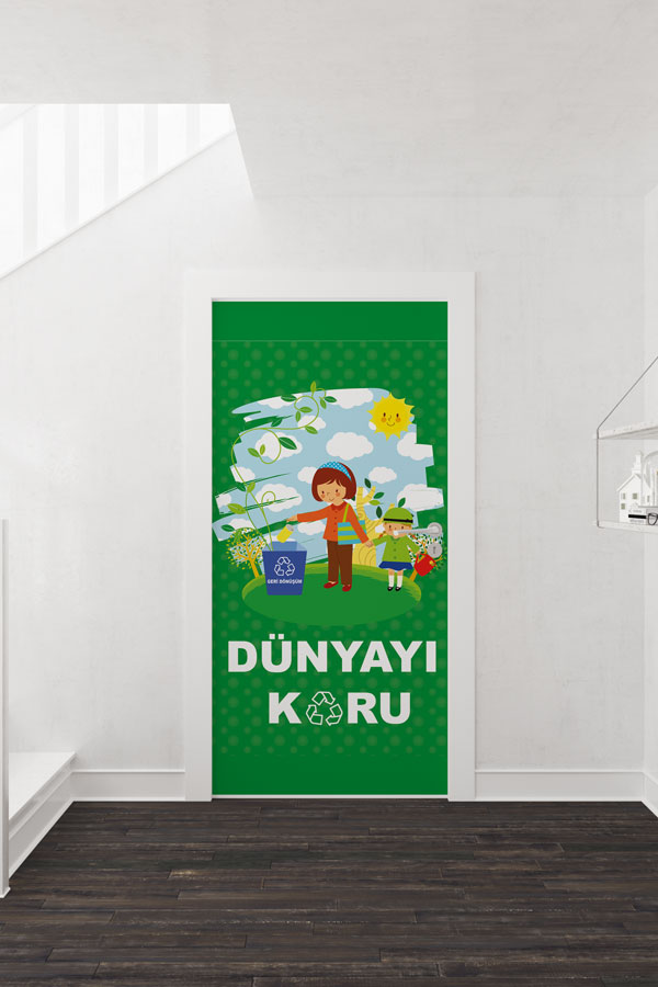 "Dünyayı Koru" & Geri Dönüşüm Temalı Çocuk Figürlü Okul Kapı Giydirme 9078