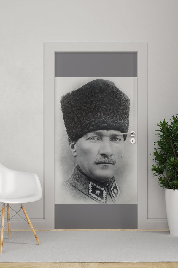 Atatürk Portresi Kapı Giydirme Gri Askerî Tasarım 9129