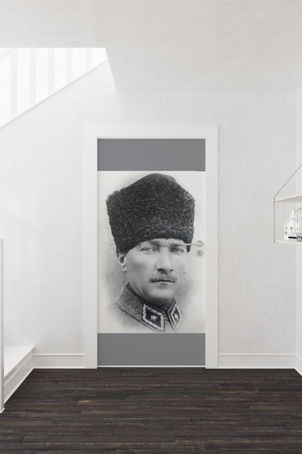 Atatürk Portresi Kapı Giydirme Gri Askerî Tasarım 9129