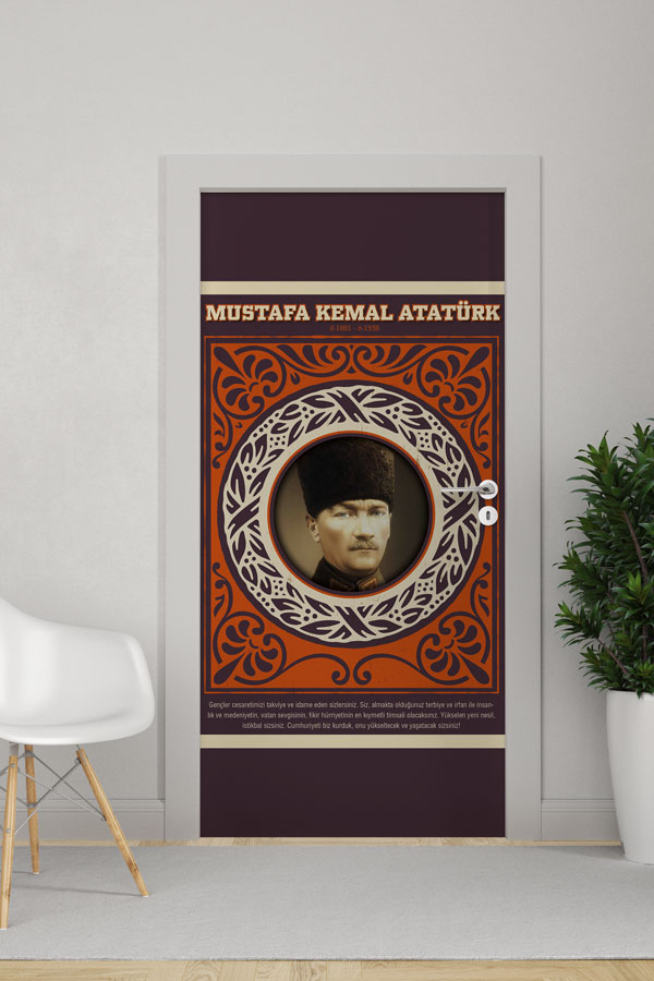 Atatürk Portresi Kapı Giydirme Kahverengi Desenli Sözlü Tasarım 9145