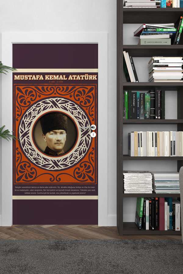 Atatürk Portresi Kapı Giydirme Kahverengi Desenli Sözlü Tasarım 9145
