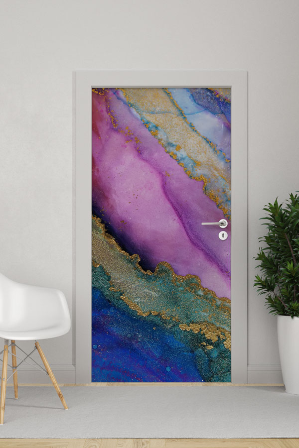 Mor ve Altın Mermer Dokulu Soyut Kapı Giydirme Tasarımı 9231