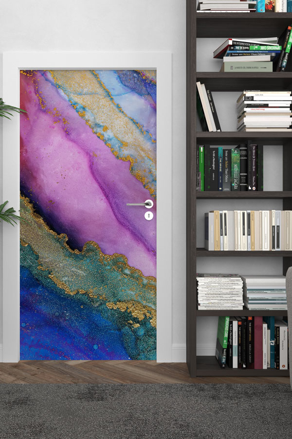 Mor ve Altın Mermer Dokulu Soyut Kapı Giydirme Tasarımı 9231