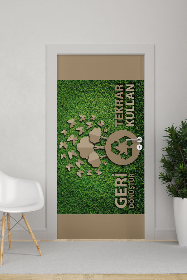 "Geri Dönüştür & Tekrar Kullan" Temalı Kelebekli Ağaç ve Geri Dönüşüm Sembolü Kapı Giydirme 9055