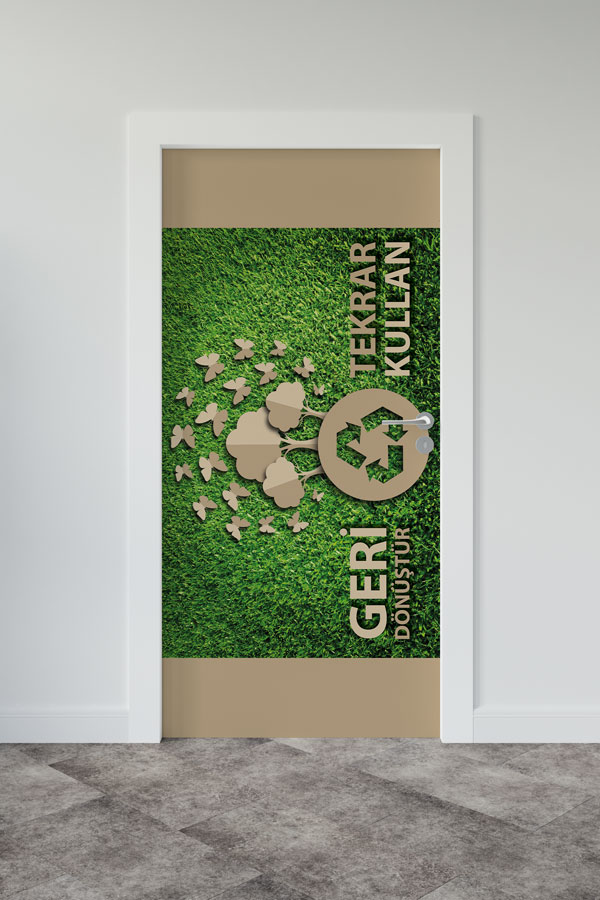 "Geri Dönüştür & Tekrar Kullan" Temalı Kelebekli Ağaç ve Geri Dönüşüm Sembolü Kapı Giydirme 9055