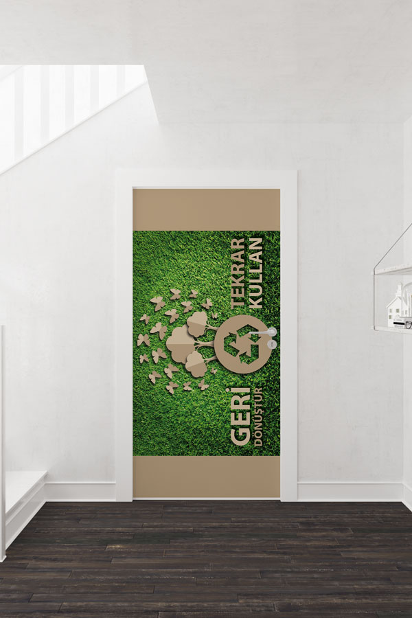 "Geri Dönüştür & Tekrar Kullan" Temalı Kelebekli Ağaç ve Geri Dönüşüm Sembolü Kapı Giydirme 9055