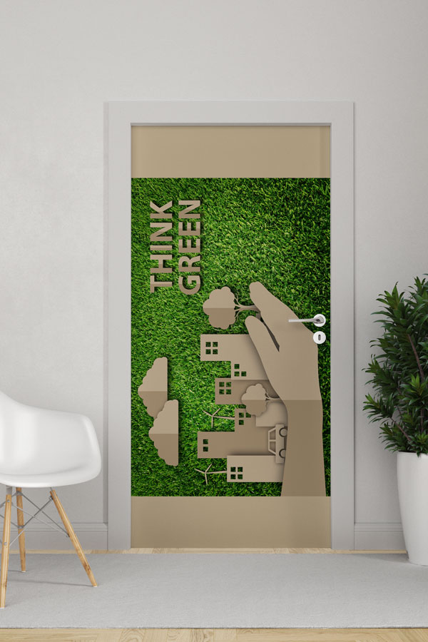 "Think Green" Temalı El ve Şehir Manzaralı Çevre Dostu Kapı Giydirme 9058
