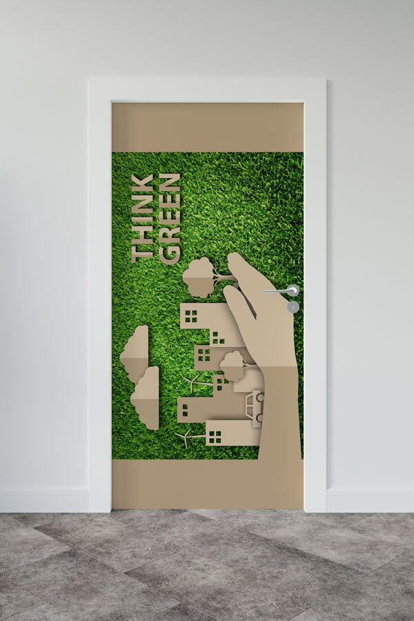 "Think Green" Temalı El ve Şehir Manzaralı Çevre Dostu Kapı Giydirme 9058