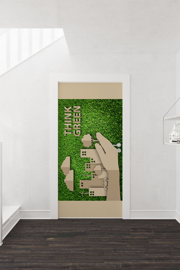 "Think Green" Temalı El ve Şehir Manzaralı Çevre Dostu Kapı Giydirme 9058