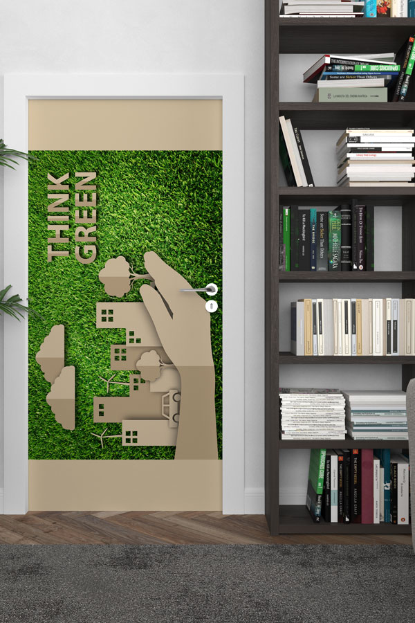 "Think Green" Temalı El ve Şehir Manzaralı Çevre Dostu Kapı Giydirme 9058