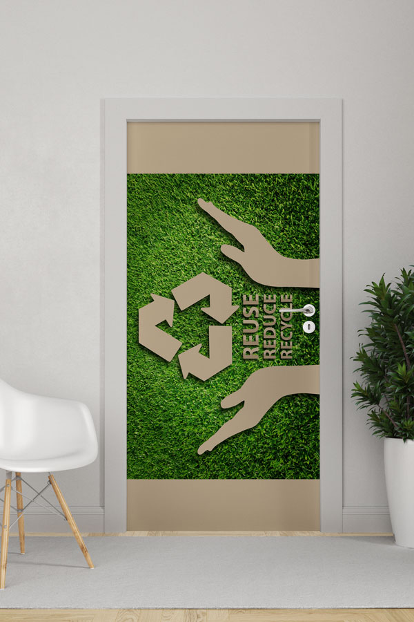 "Reuse, Reduce, Recycle" Temalı Geri Dönüşüm Sembolü ve El Figürlü Kapı Giydirme 9063
