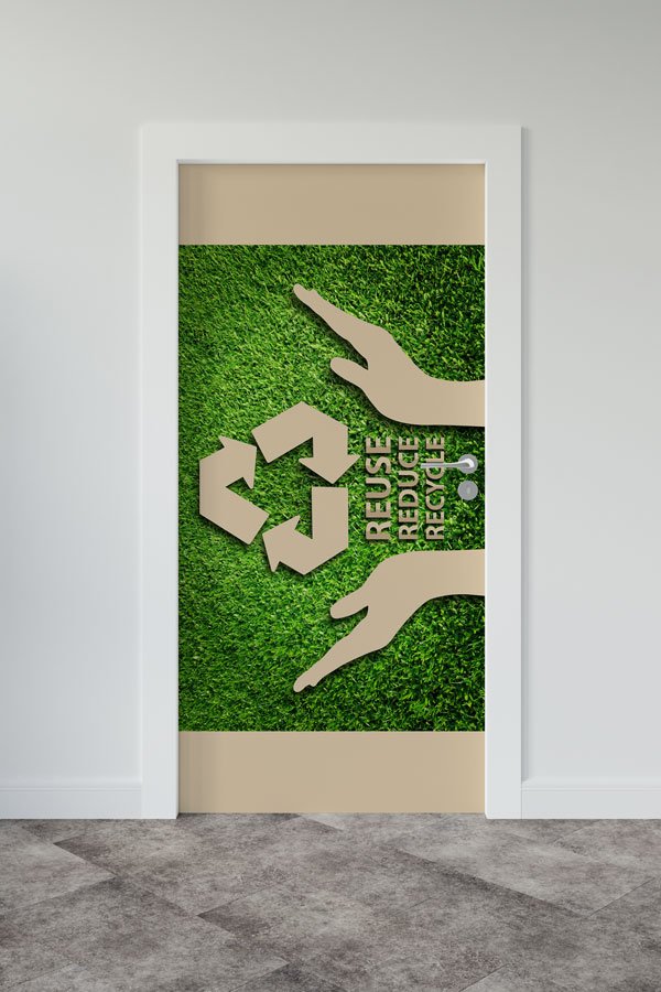 "Reuse, Reduce, Recycle" Temalı Geri Dönüşüm Sembolü ve El Figürlü Kapı Giydirme 9063