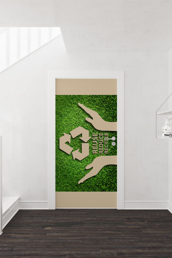 "Reuse, Reduce, Recycle" Temalı Geri Dönüşüm Sembolü ve El Figürlü Kapı Giydirme 9063