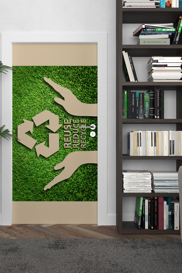 "Reuse, Reduce, Recycle" Temalı Geri Dönüşüm Sembolü ve El Figürlü Kapı Giydirme 9063