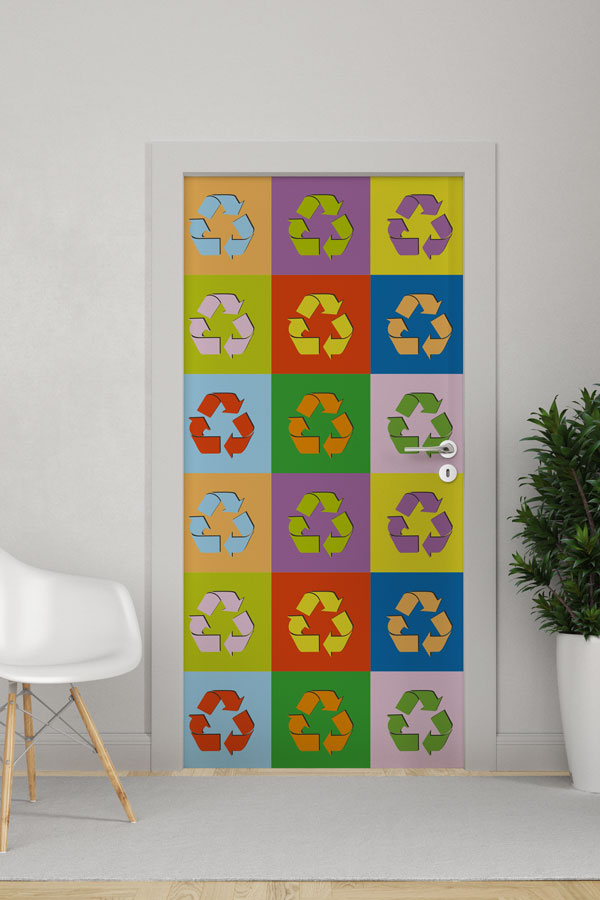 Renkli Bloklu Pop-Art Geri Dönüşüm Sembolleri Kapı Giydirme 9070