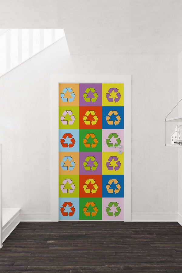 Renkli Bloklu Pop-Art Geri Dönüşüm Sembolleri Kapı Giydirme 9070